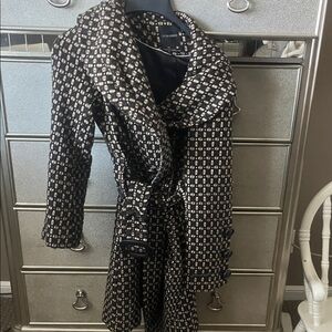 Patterned Black & Cream Wrap Trench Coat